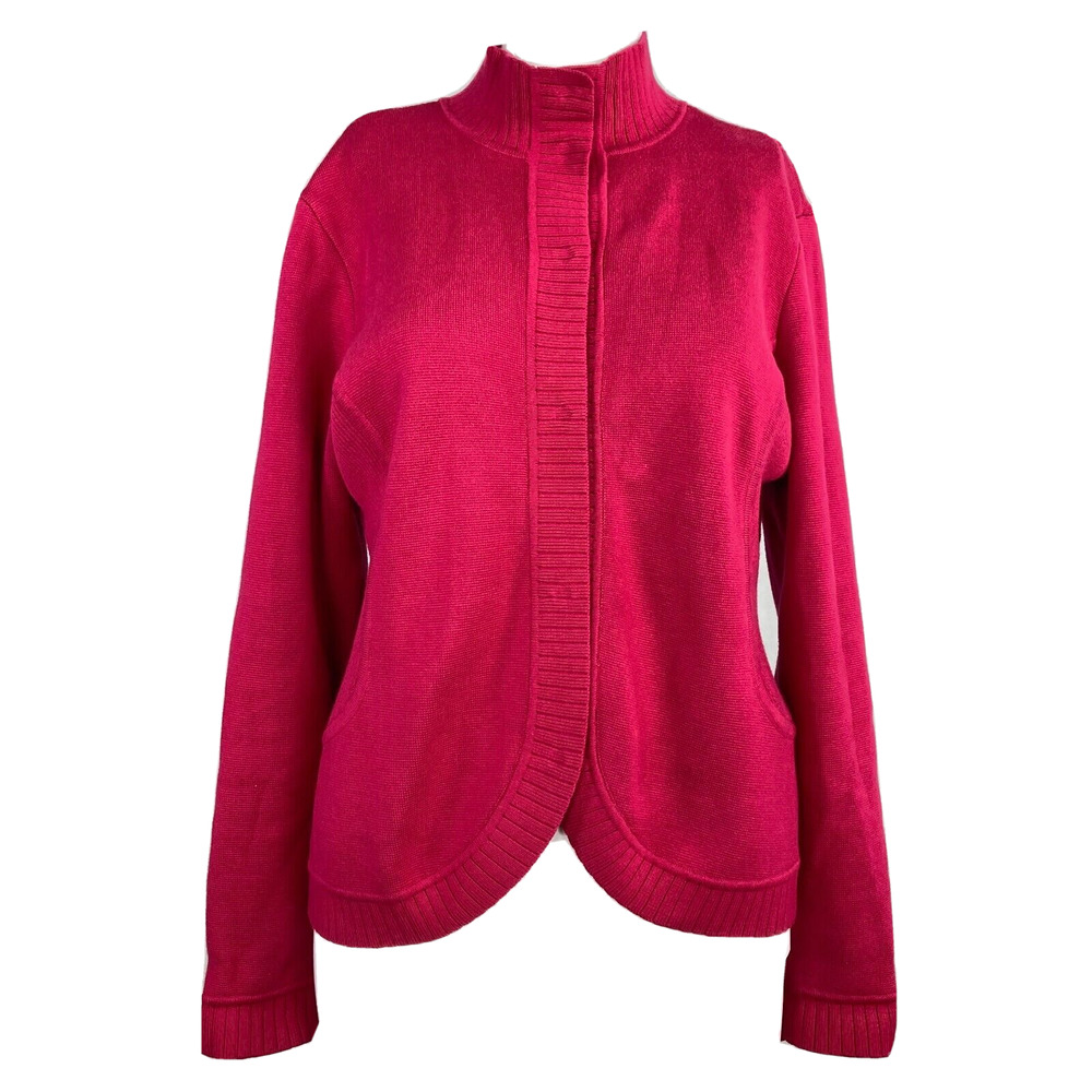 Talbots Petites Cardigans Womens Sz MP Dark Pink Ribbed Trim Long Sleeve Sweater